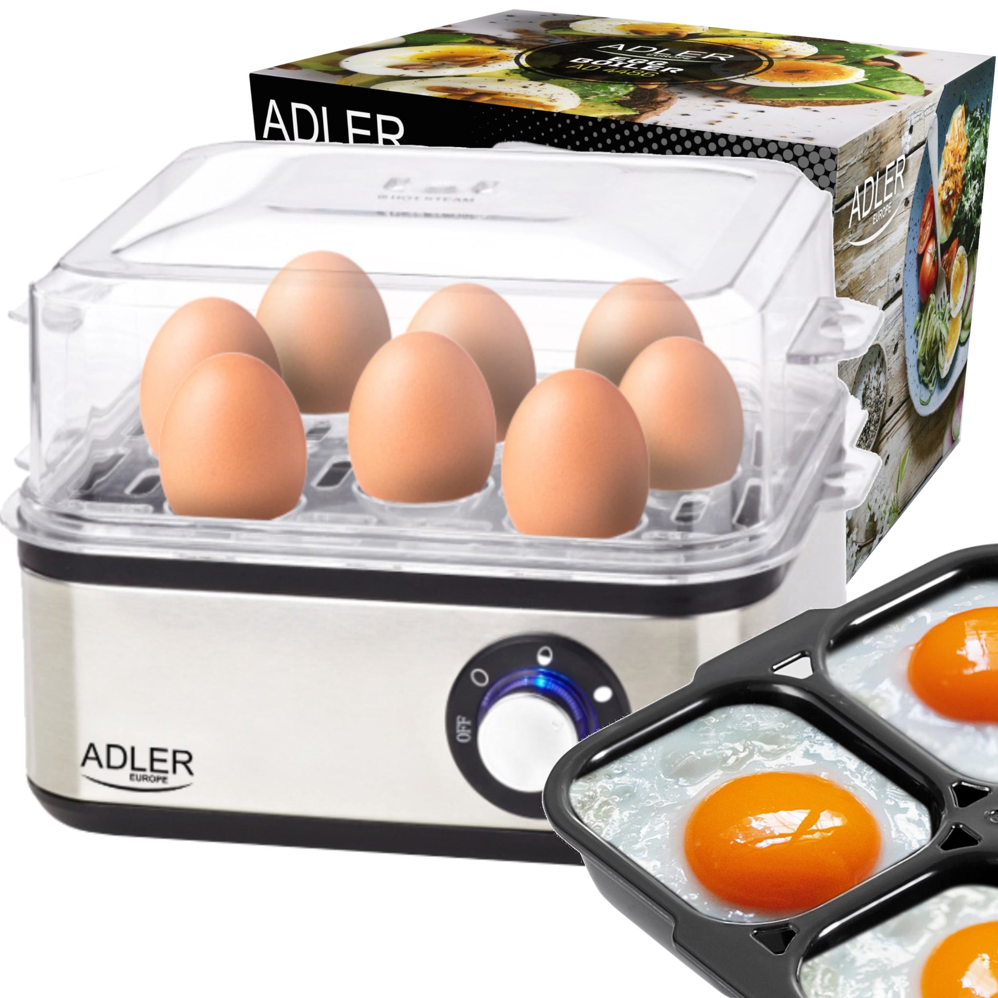 Kiaušinių viryklė 8 kiaušiniams, 3 kietumo lygiai: minkšti, vidutiniškai kieti, kieti