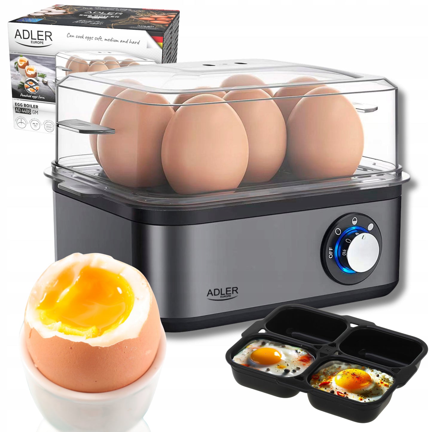 Kiaušinių viryklė 8 kiaušiniams, 3 kietumo lygiai: minkšti, vidutiniškai kieti, kieti