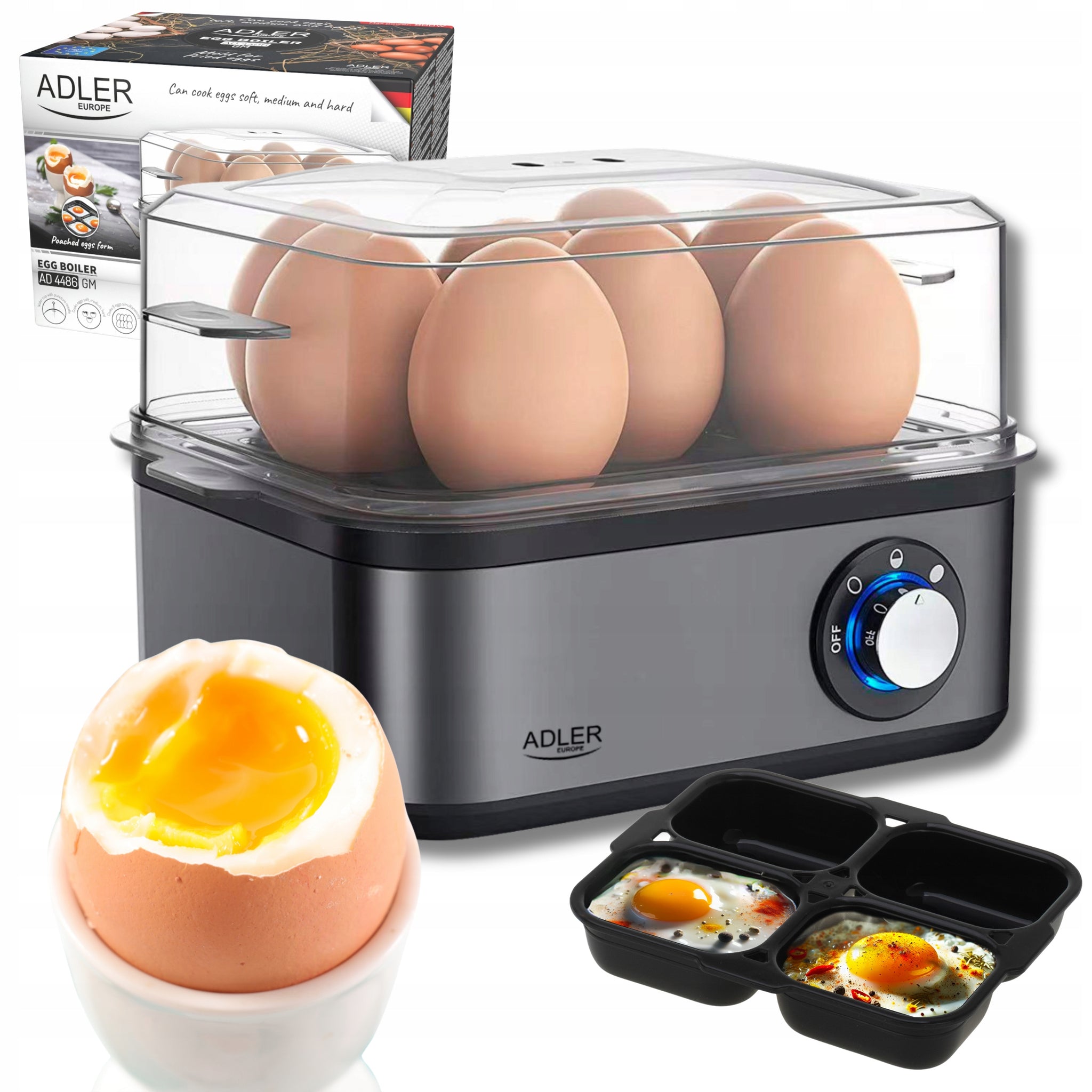 Kiaušinių viryklė 8 kiaušiniams, 3 kietumo lygiai: minkšti, vidutiniškai kieti, kieti