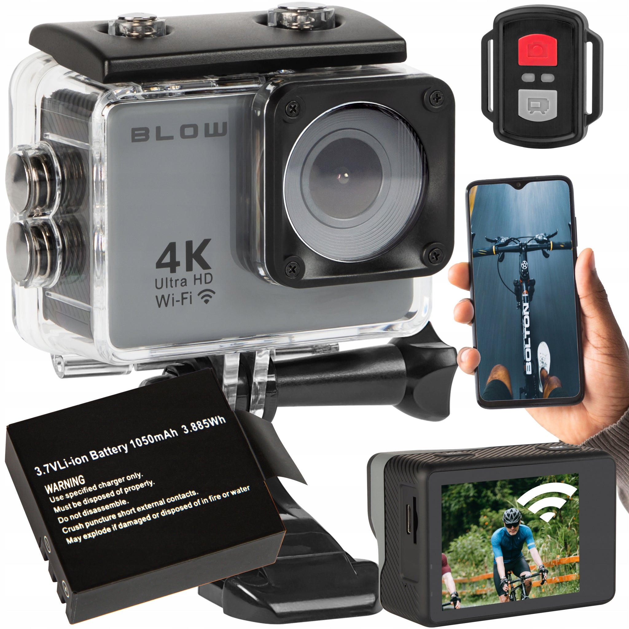 SPORTO KAMERA GO Pro 4U 4K WIFI USB NEPRLŪGSTAMA + 1050mAh 3.7V AKUMULIATORIUS