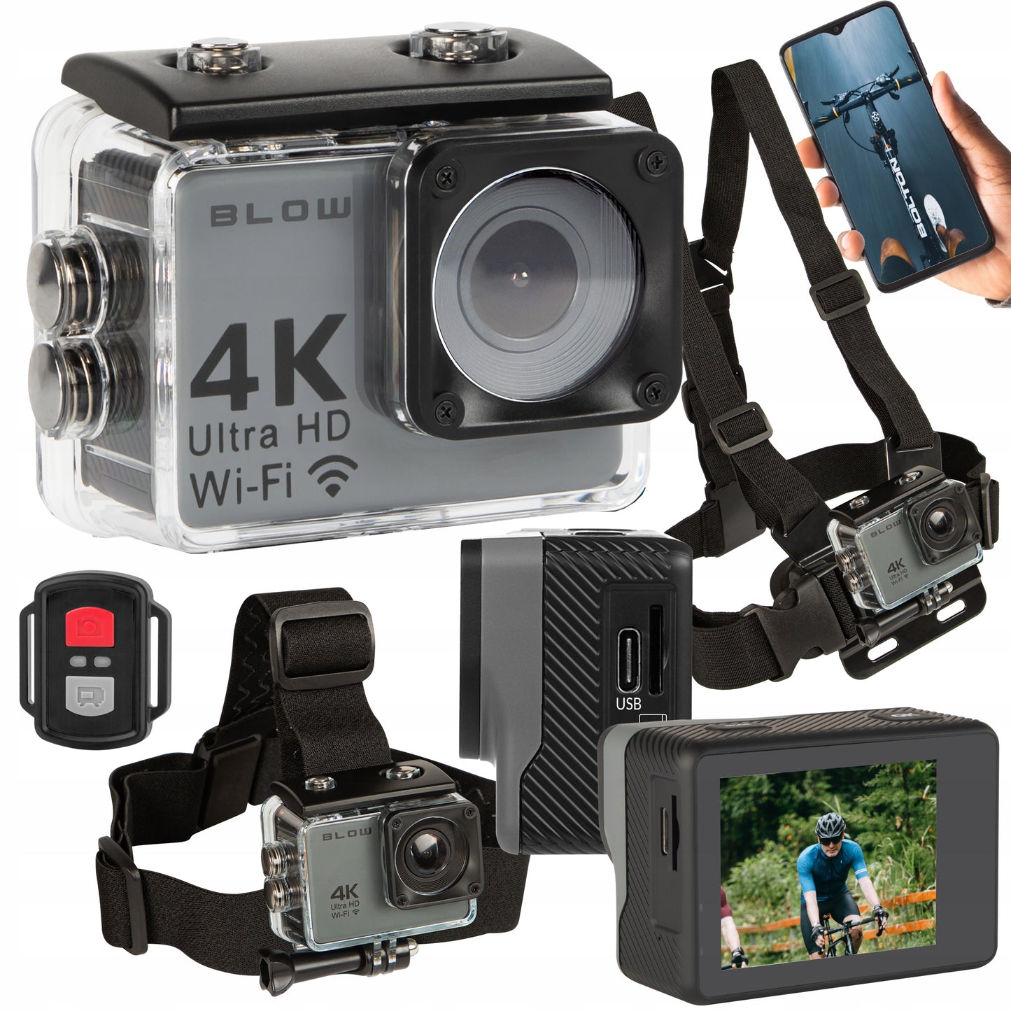 SPORTINĖ KAMERA GO PRO 4U 4K, atspari vandeniui, su dirželiu, raišteliu, priedais, rinkinys