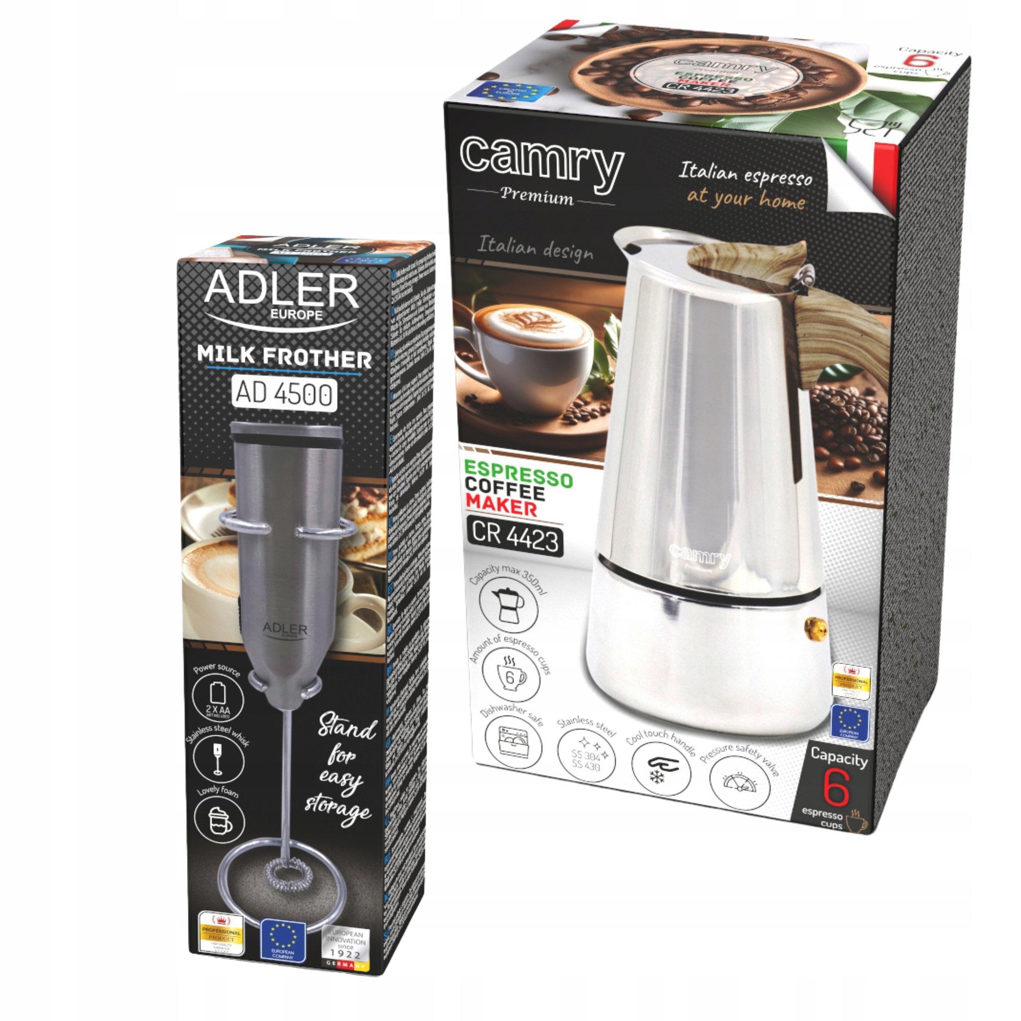 450 ml Espreso kavos virimo aparatas, veikia ant indukcinės kaitlentės, dujinės viryklės + pieno putų plakiklis