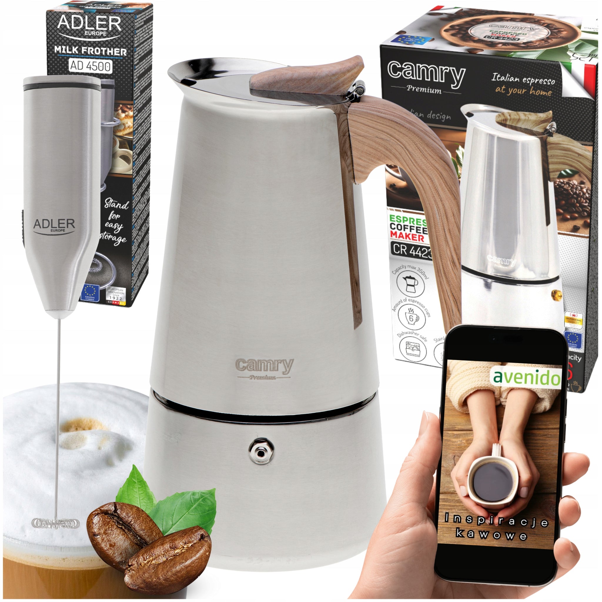 450 ml Espreso kavos virimo aparatas, veikia ant indukcinės kaitlentės, dujinės viryklės + pieno putų plakiklis