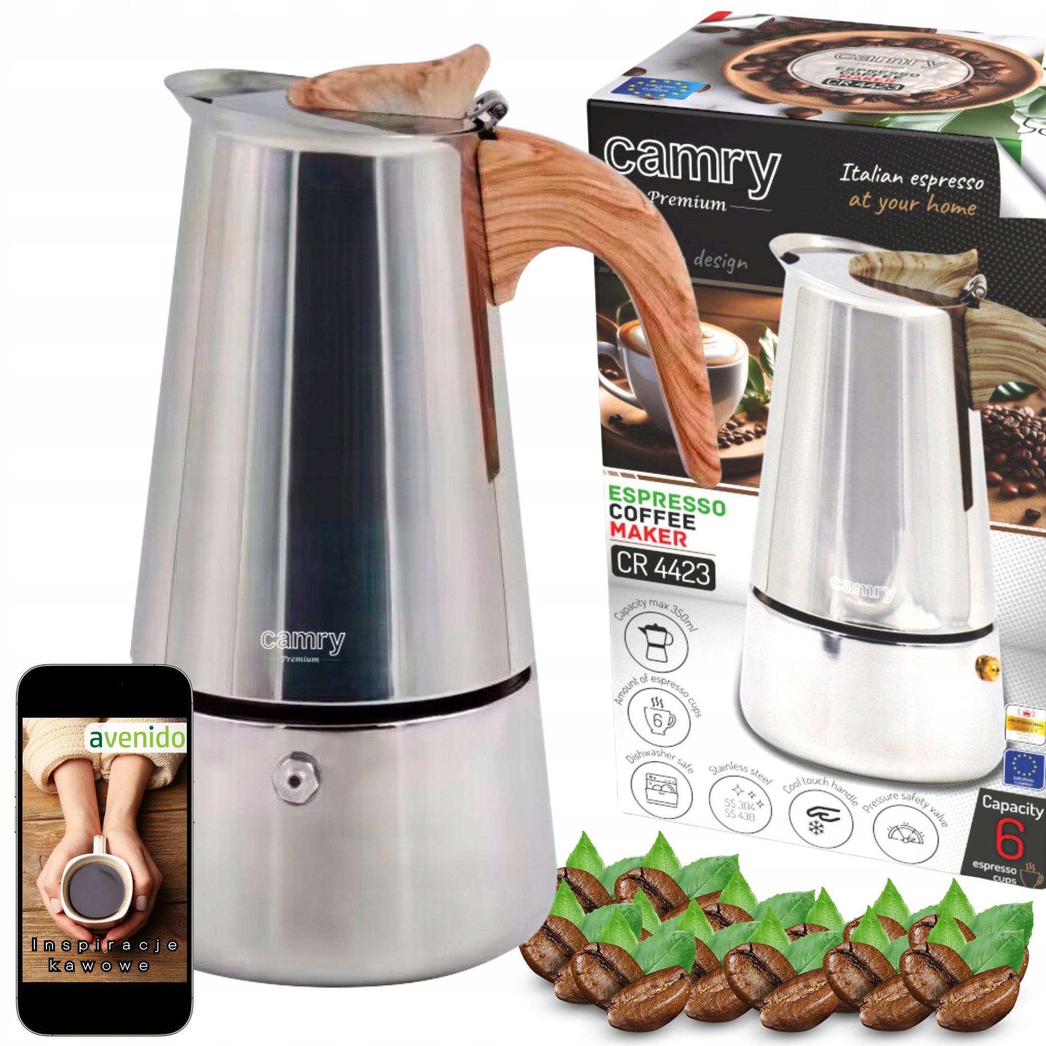 Plieninė Espreso kavos virimo kavinukė, veikia ant indukcinių ir dujinių viryklių, 350ml