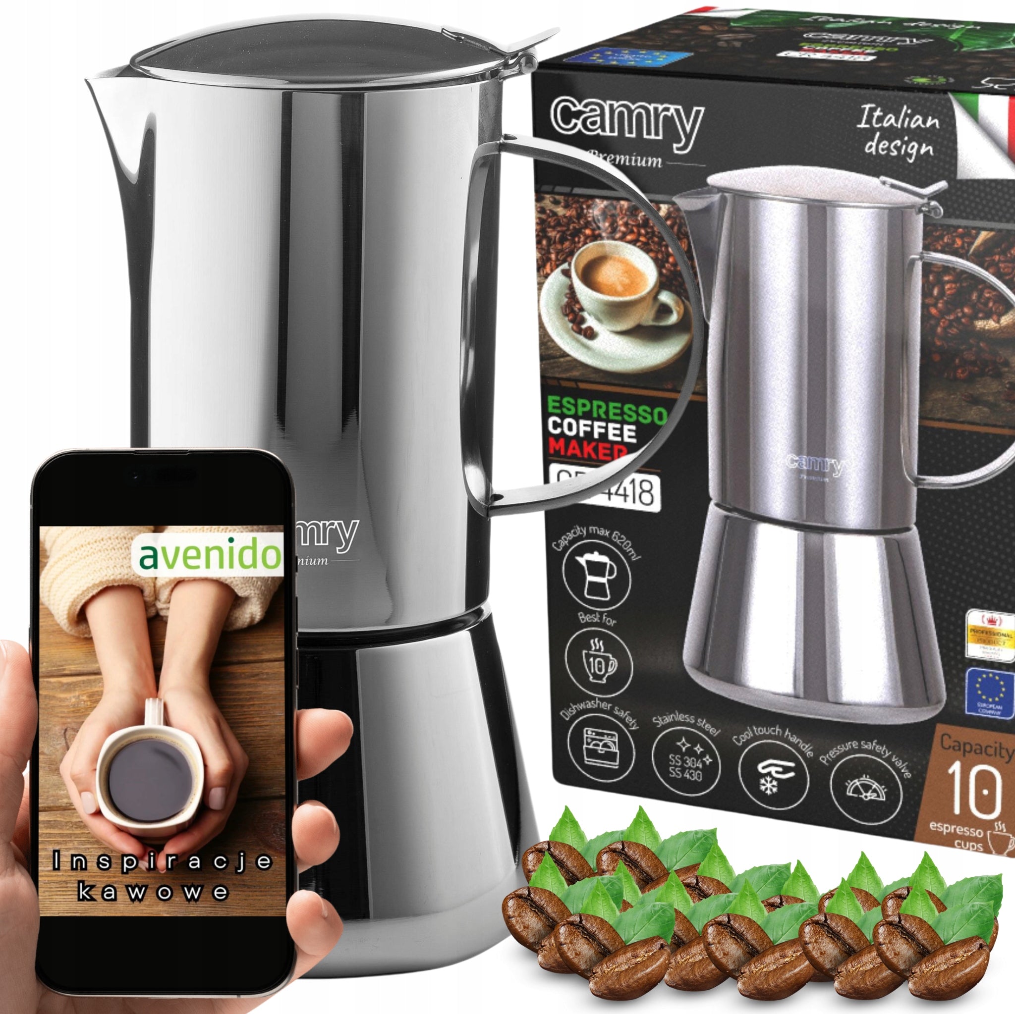 Kavinukas kavos virimo aparatas espresso, tinka indukcinėms, dujinėms viryklėms, plieninis, 500ml