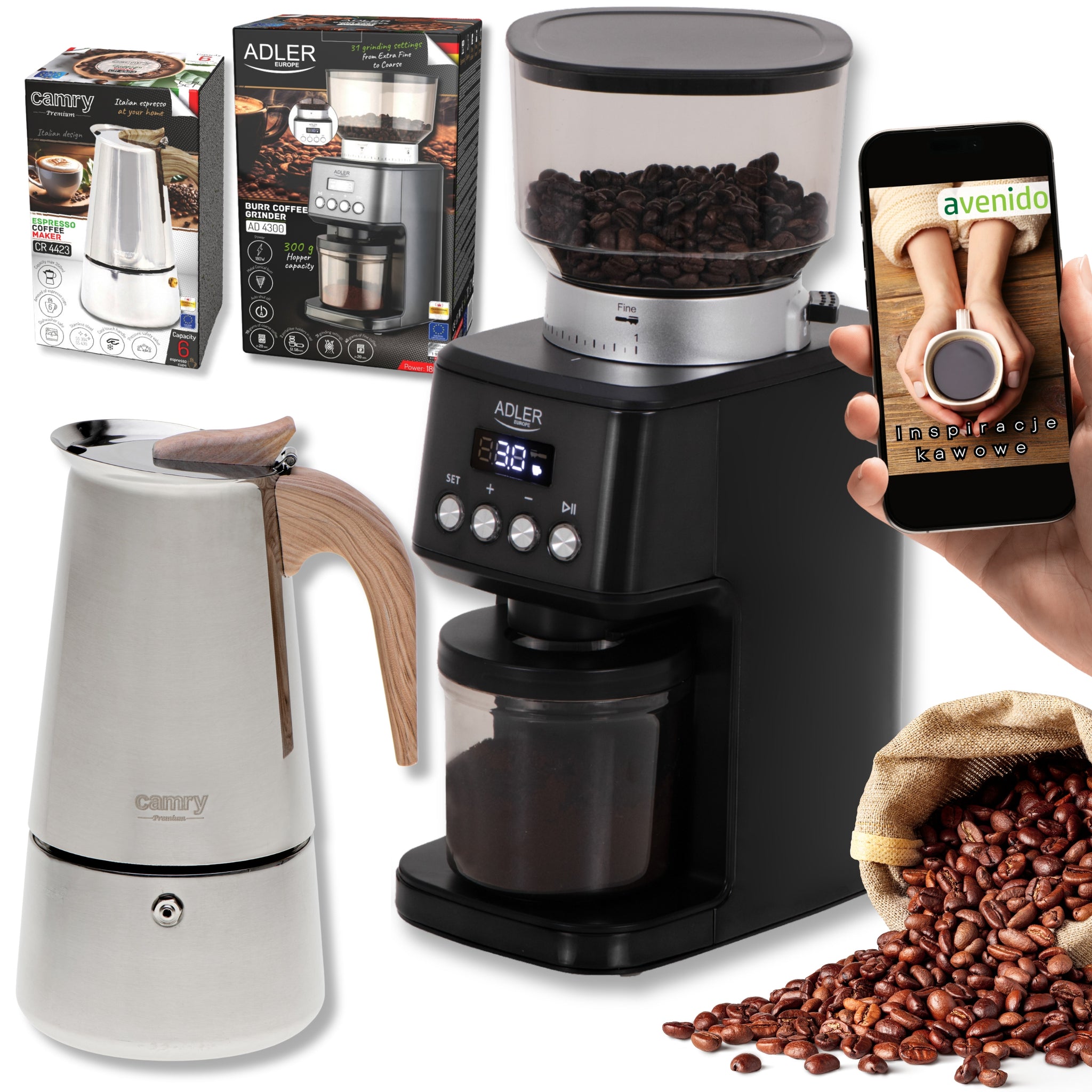 Kavos viryklė 450ml ant indukcinės / dujinės viryklės, plieninė + rankinis kavos malūnėlis