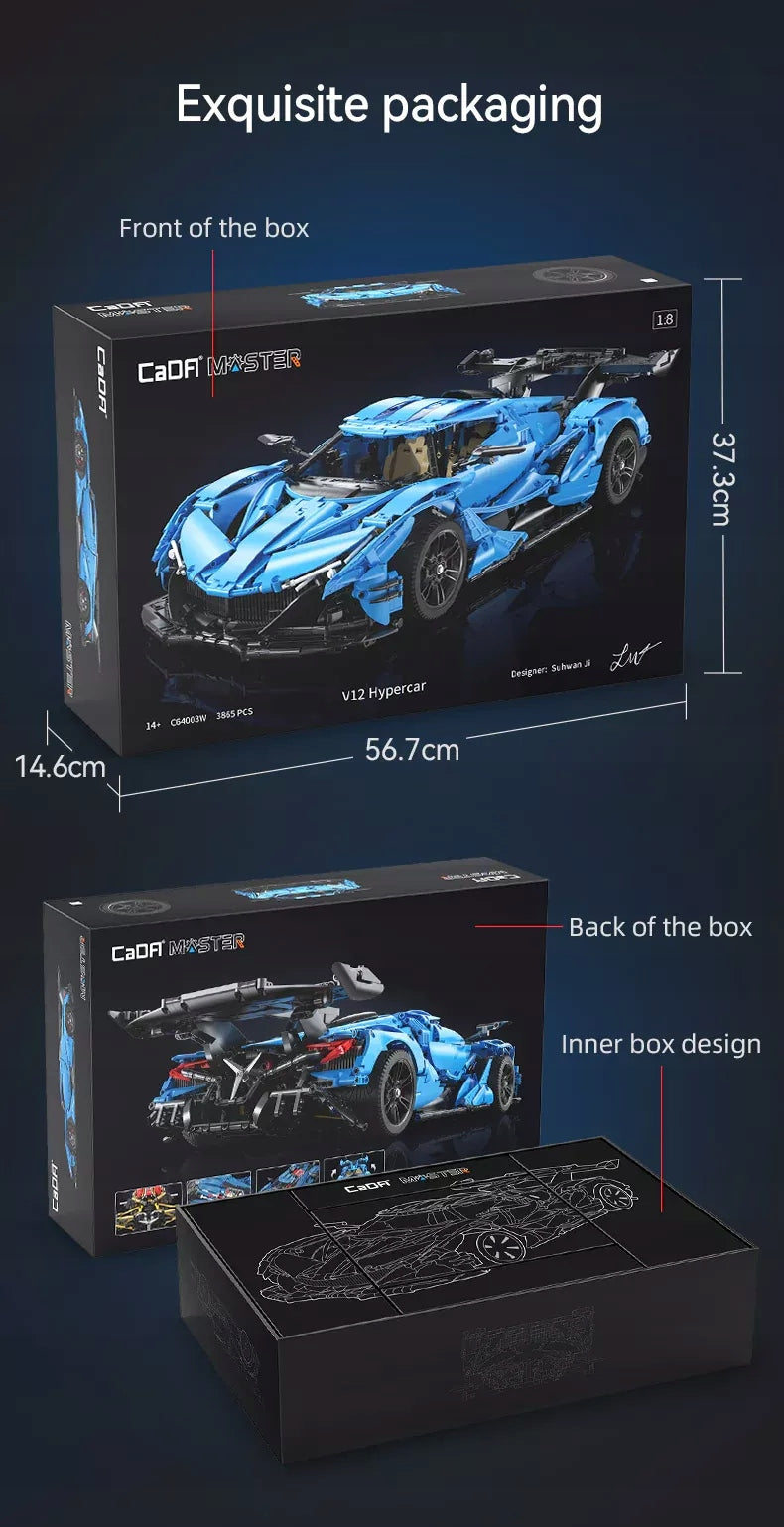 Statybinės kaladėlės CaDA Sportinis automobilis 60 cm V12 Hiperautomobilis Lenktyninė transporto priemonė 3865 el.