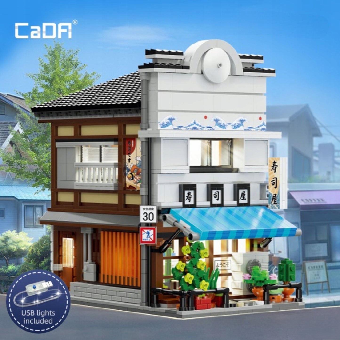 Statybiniai kaladėlės CaDA Sushi parduotuvė, Japonų serija, Didelis, 1665 elementai + LED