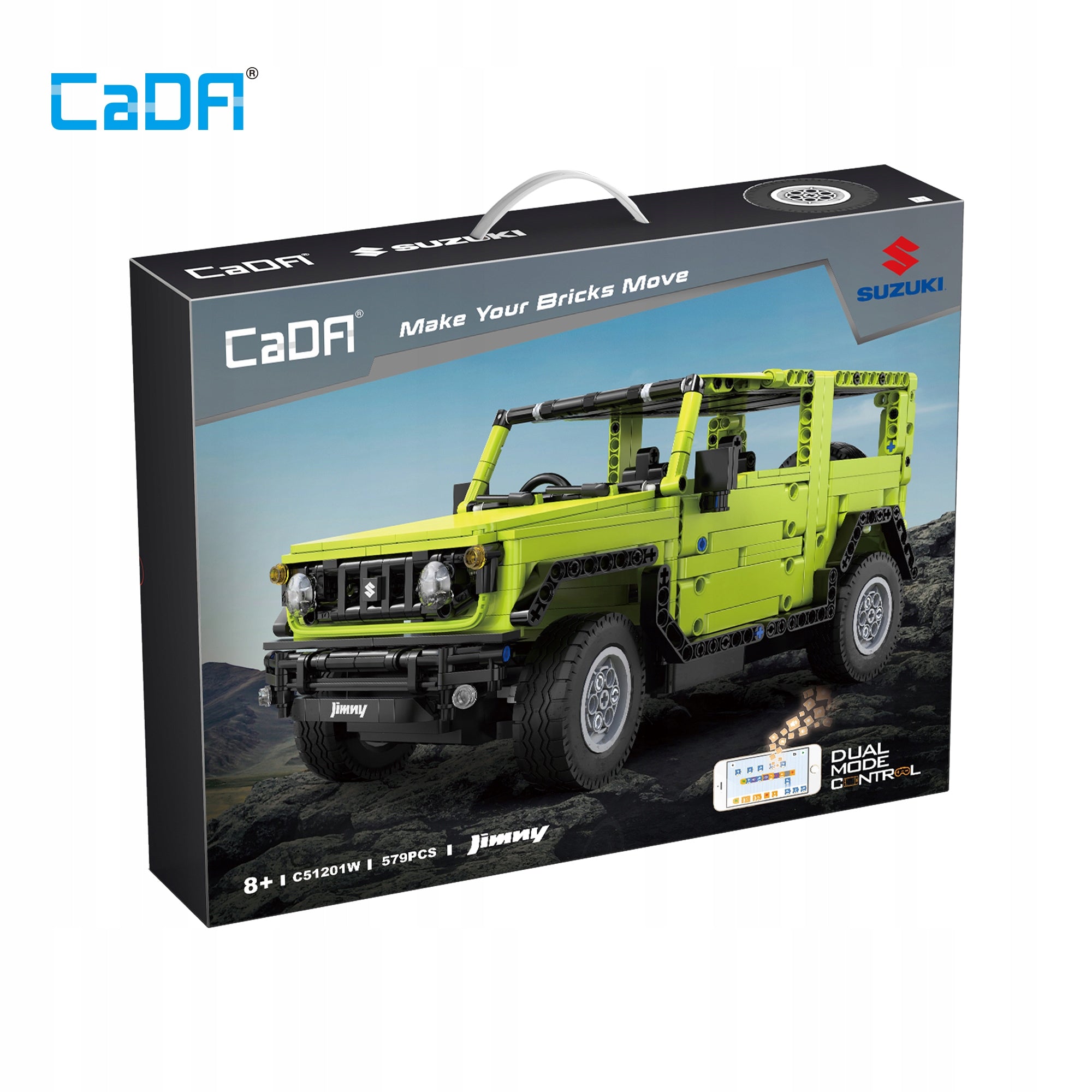 Statybiniai blokeliai CaDA SUZUKI JIMNY RC automobilis su nuotoliniu valdymu 579 dalys DUAL MODE + LED