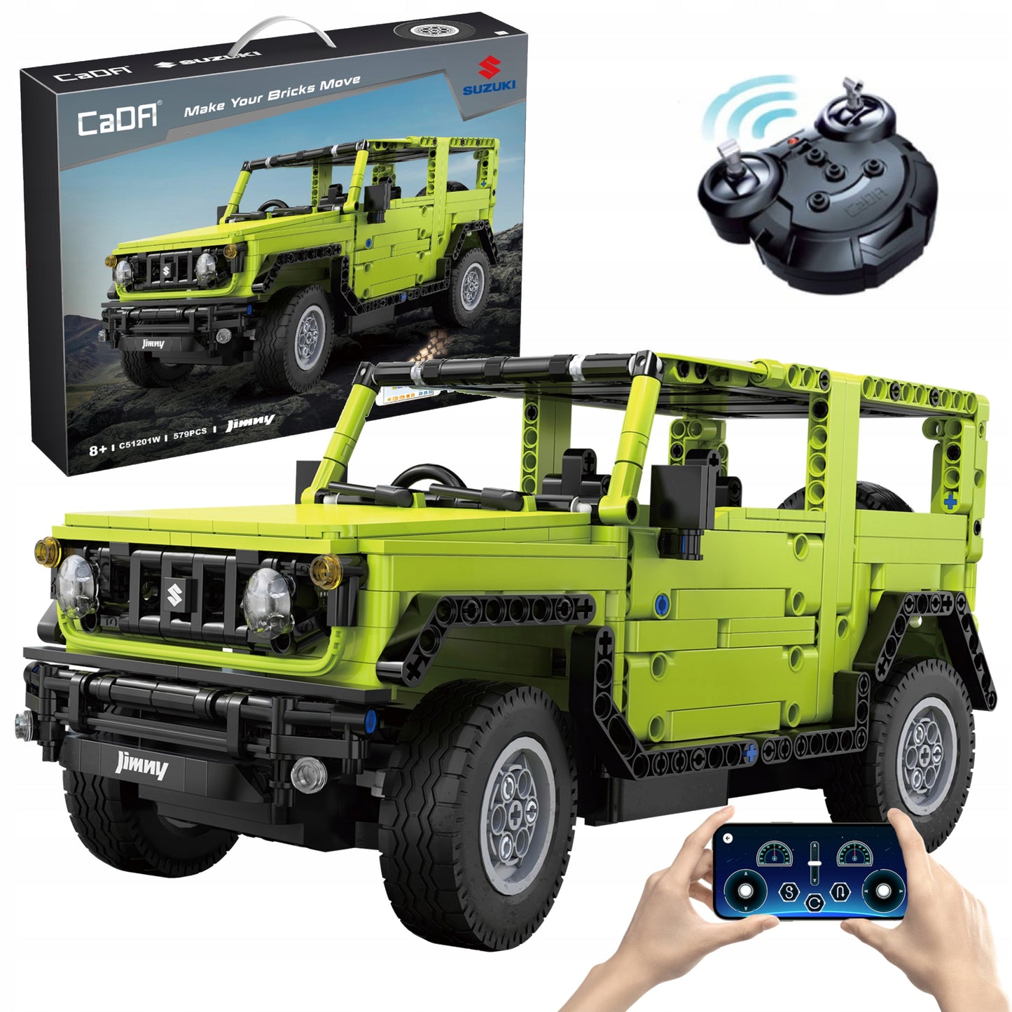 Statybiniai blokeliai CaDA SUZUKI JIMNY RC automobilis su nuotoliniu valdymu 579 dalys DUAL MODE + LED