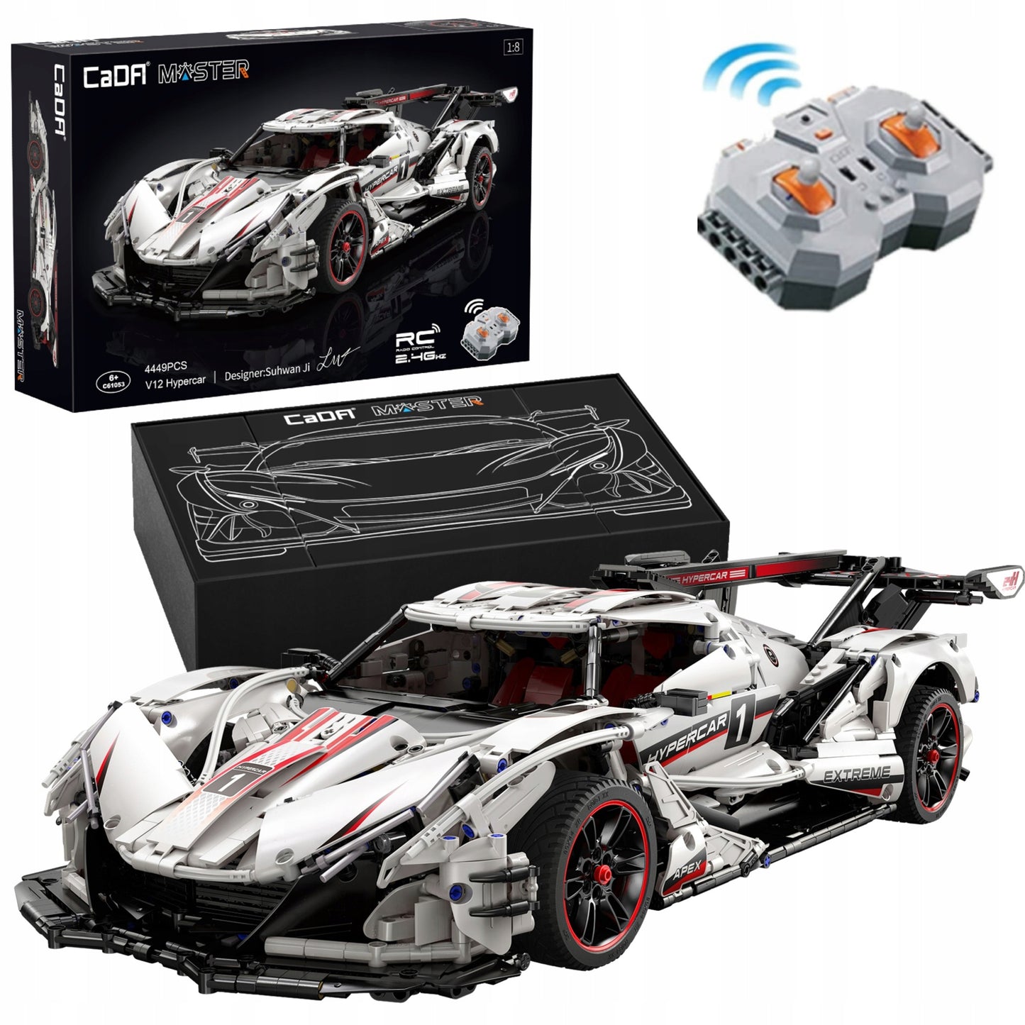 Konstrukciniai blokeliai CaDA TECHNIC Hyper Car V12 4449 El. RC PRO POWER SYSTEM