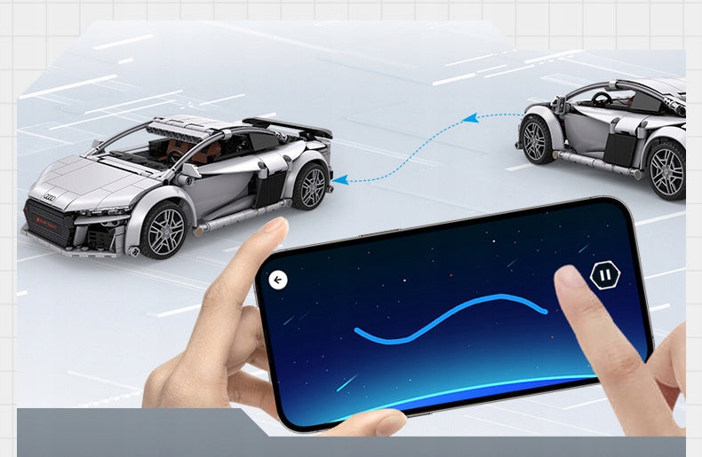 CADA Statybiniai blokeliai, RC lenktyninis automobilis AUDI R8 COUPE 1:14, nuotoliniu būdu valdomas, 536 elementai.