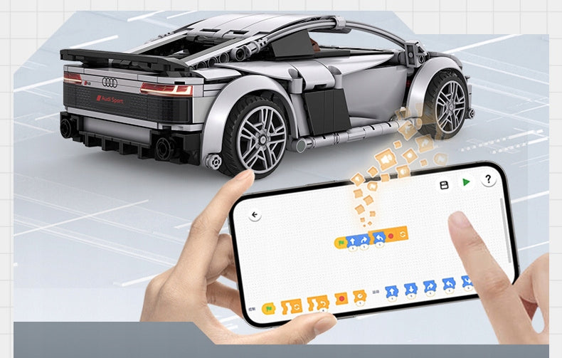 CADA Statybiniai blokeliai, RC lenktyninis automobilis AUDI R8 COUPE 1:14, nuotoliniu būdu valdomas, 536 elementai.