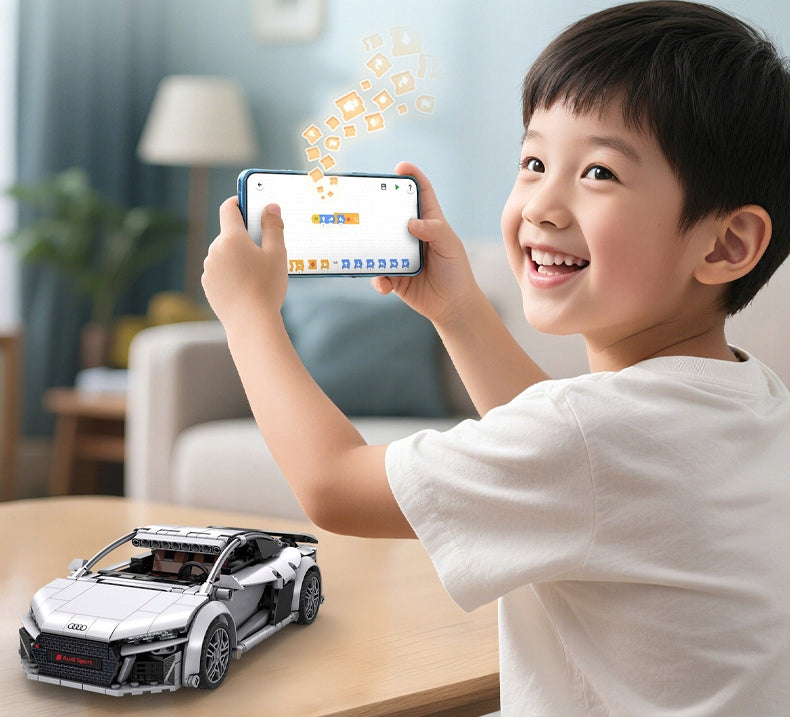 CADA Statybiniai blokeliai, RC lenktyninis automobilis AUDI R8 COUPE 1:14, nuotoliniu būdu valdomas, 536 elementai.