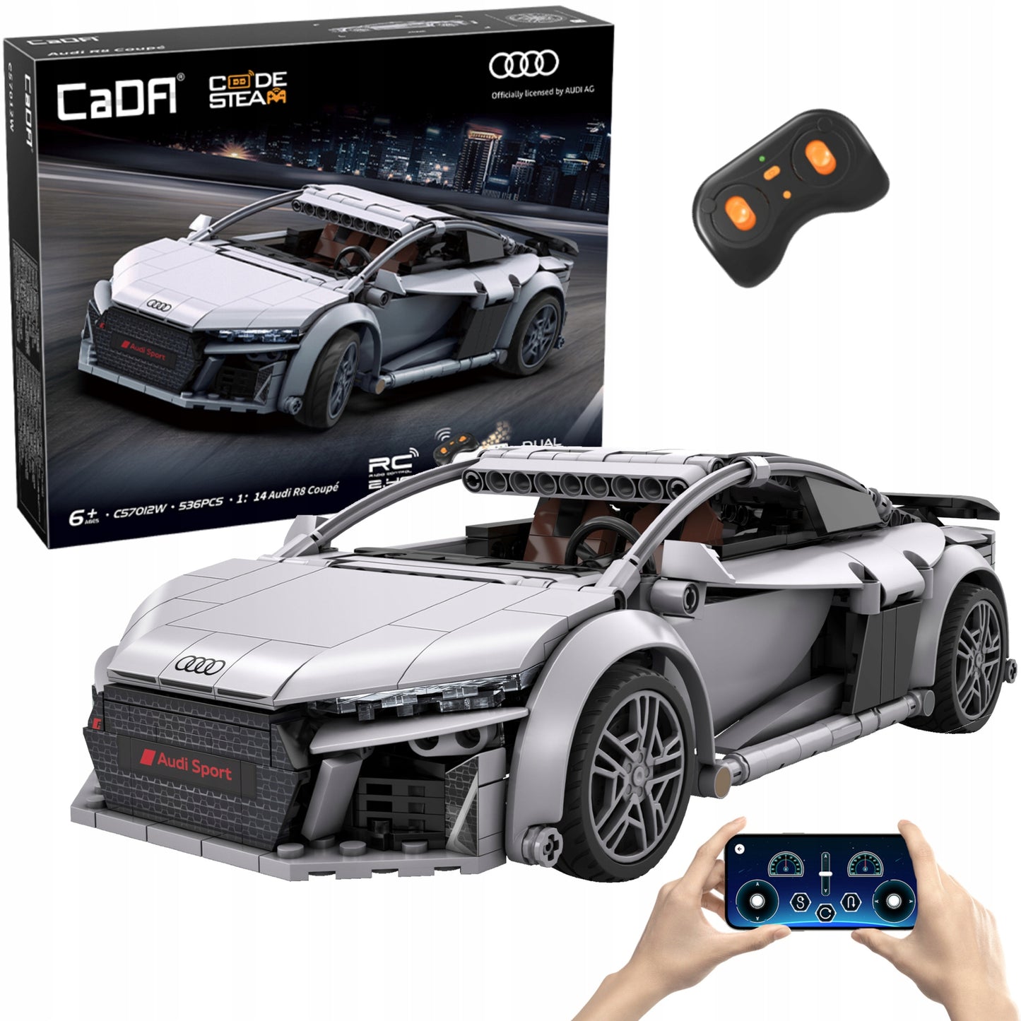 CADA Statybiniai blokeliai, RC lenktyninis automobilis AUDI R8 COUPE 1:14, nuotoliniu būdu valdomas, 536 elementai.