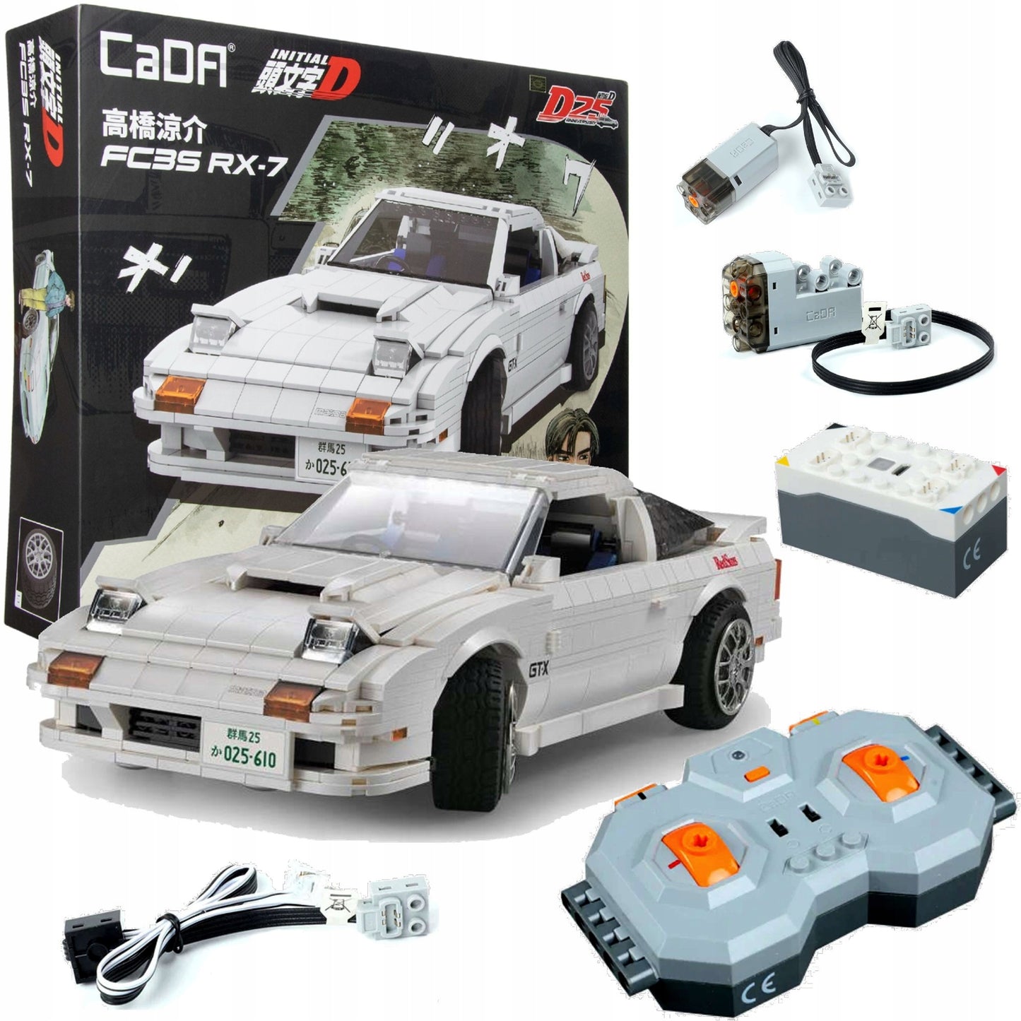 CaDA statybiniai blokeliai, nuotoliniu būdu valdomas MAZDA RX-7 INITIAL-D, LED šviesa, savaeigė