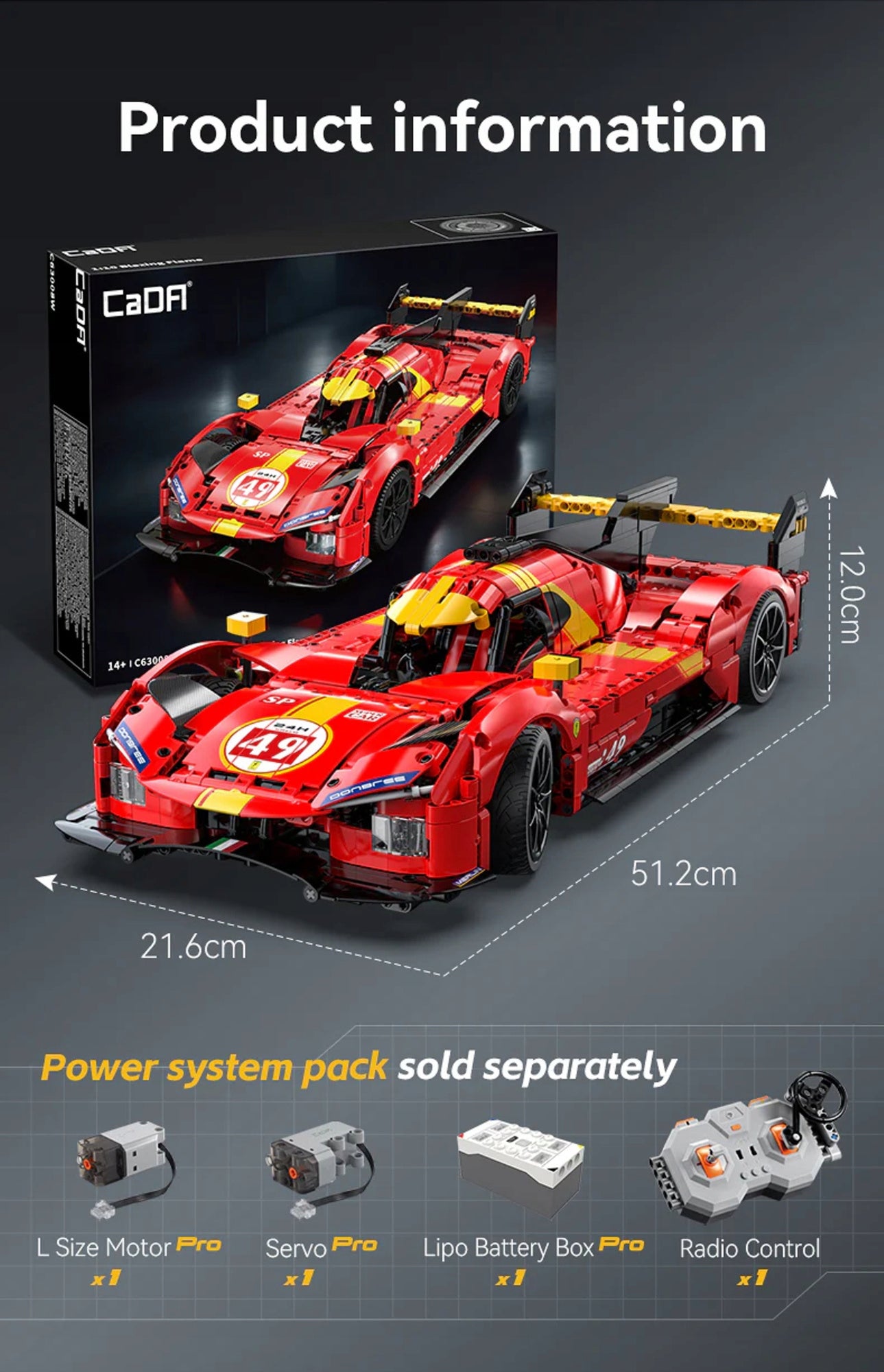 Konstruojami blokeliai CADA AUTOMOBILIS 51CM RAUDONAS BLAZING FLAME 1518 EL 1:10