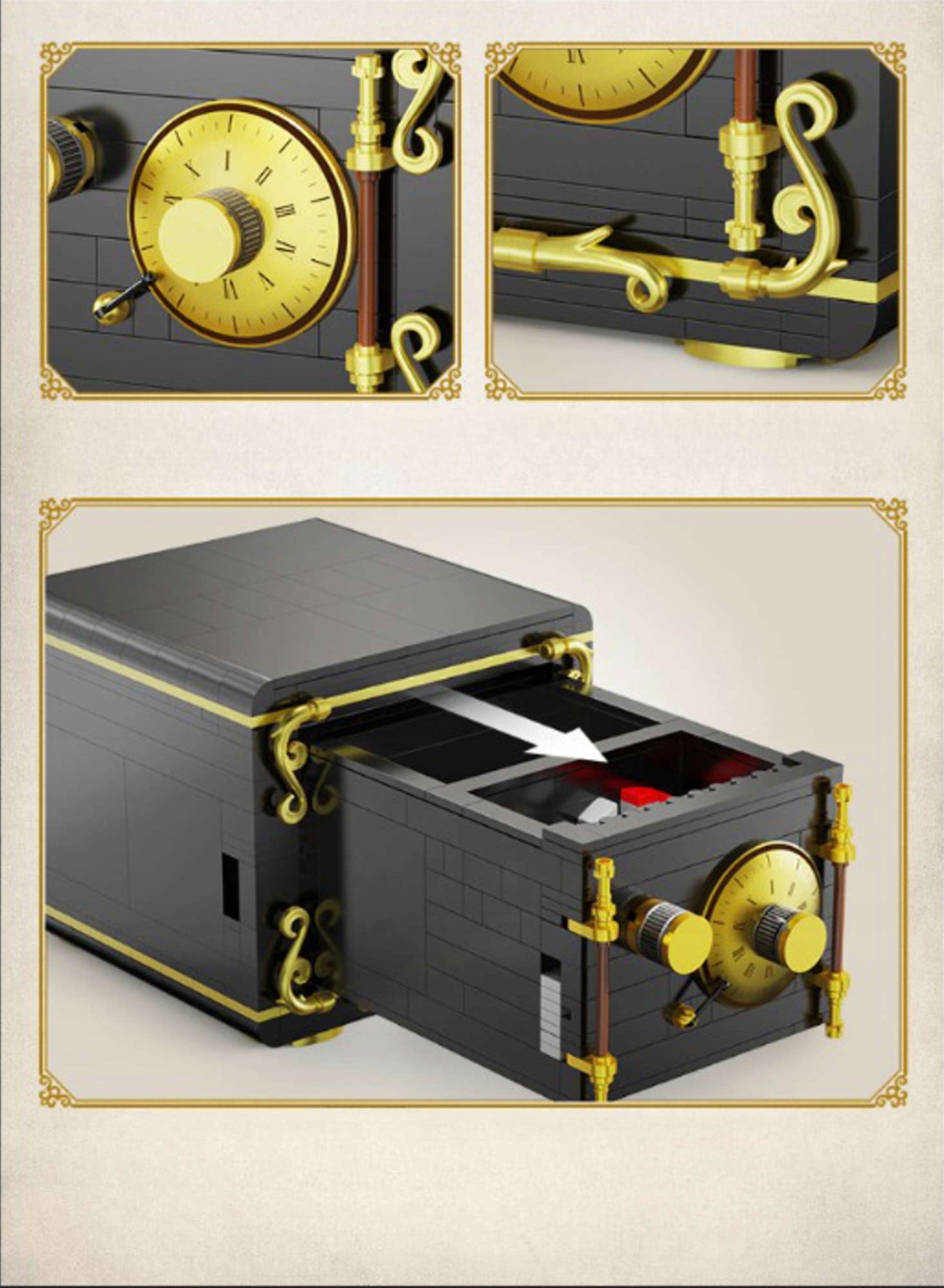 Konstrukciniai blokeliai JUODAS SEIFAS SLĖPTUVĖ 442 EL. SU VEIKIANČIU MECHANIZMU