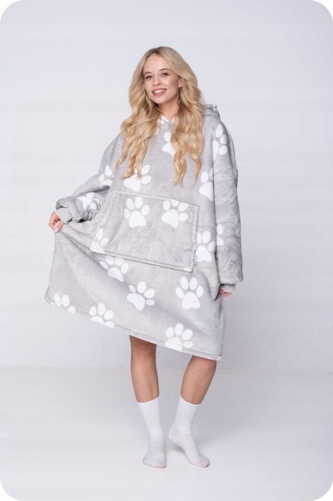 KOC BLUZA Oversize Storas KOCOBLUZA 2in1 XXL Raštas PĖDOS Kailinis pledas-bliuzonas