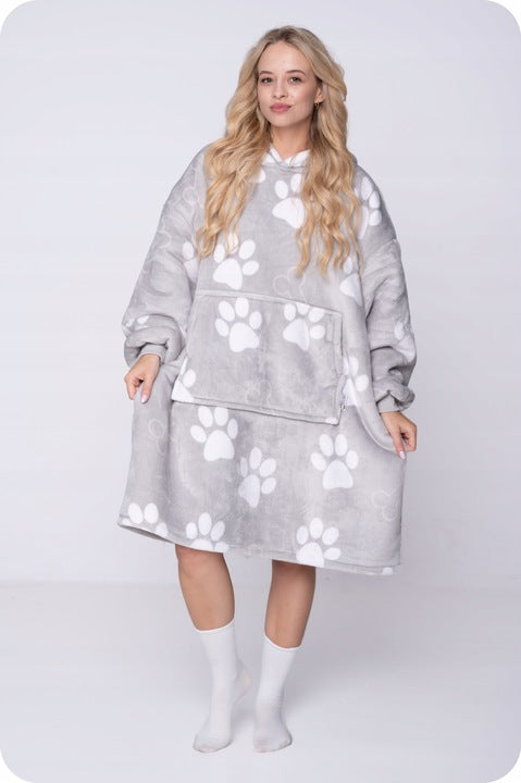 KOC BLUZA Oversize Storas KOCOBLUZA 2in1 XXL Raštas PĖDOS Kailinis pledas-bliuzonas