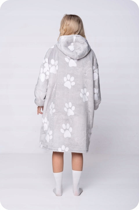 KOC BLUZA Oversize Storas KOCOBLUZA 2in1 XXL Raštas PĖDOS Kailinis pledas-bliuzonas