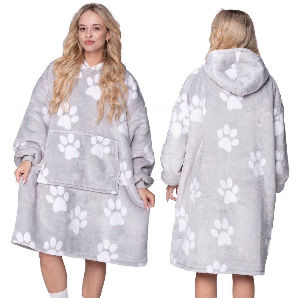 KOC BLUZA Oversize Storas KOCOBLUZA 2in1 XXL Raštas PĖDOS Kailinis pledas-bliuzonas