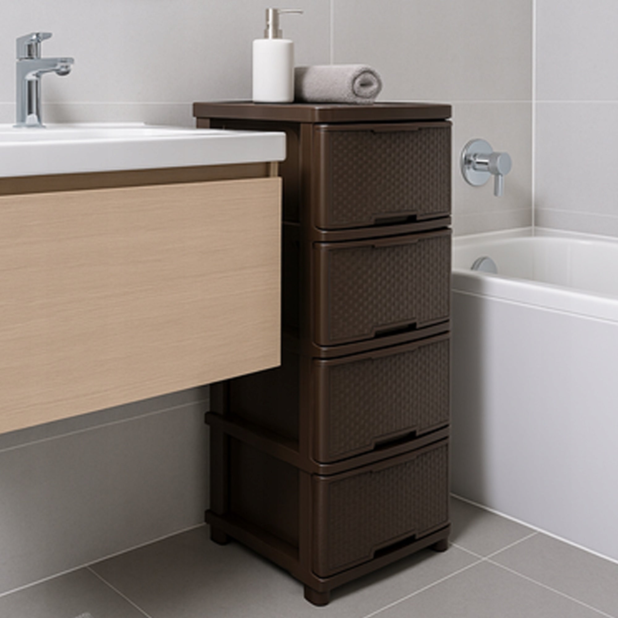 SPINTALĖ SU DĖŽUTĖMIS PLASTIKINĖ RUDO SPALVOS PASTATOMOJI STOVO ORGANIZATORIUS