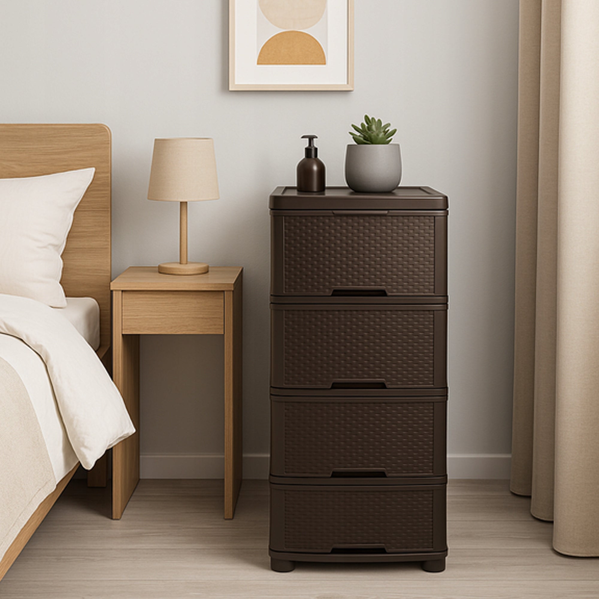 SPINTALĖ SU DĖŽUTĖMIS PLASTIKINĖ RUDO SPALVOS PASTATOMOJI STOVO ORGANIZATORIUS