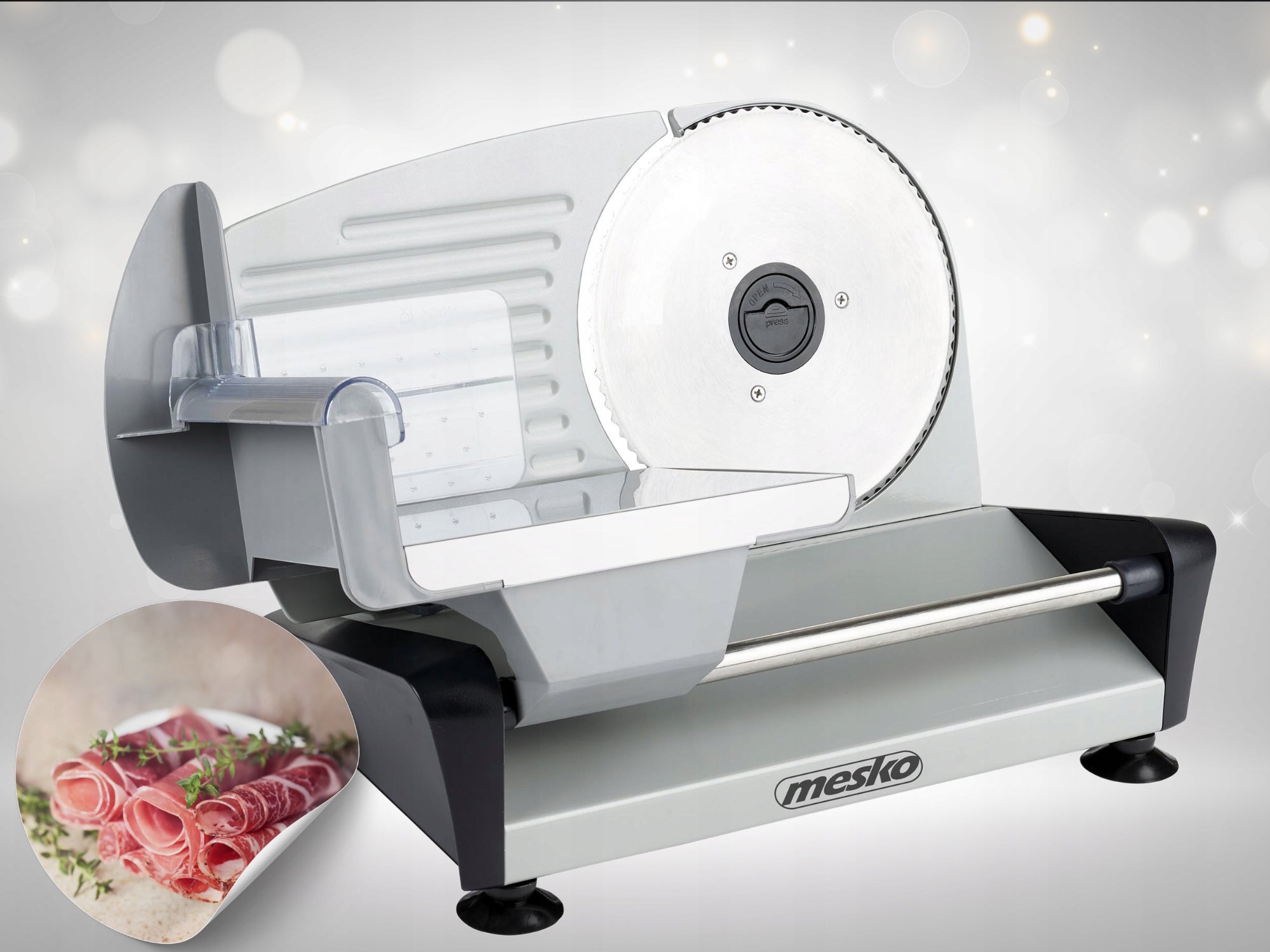 Elektrinė pjaustyklė duonai, dešroms, sūriui, daržovėms, 400W, metalinė, su reguliuojama ašmenų padėtimi