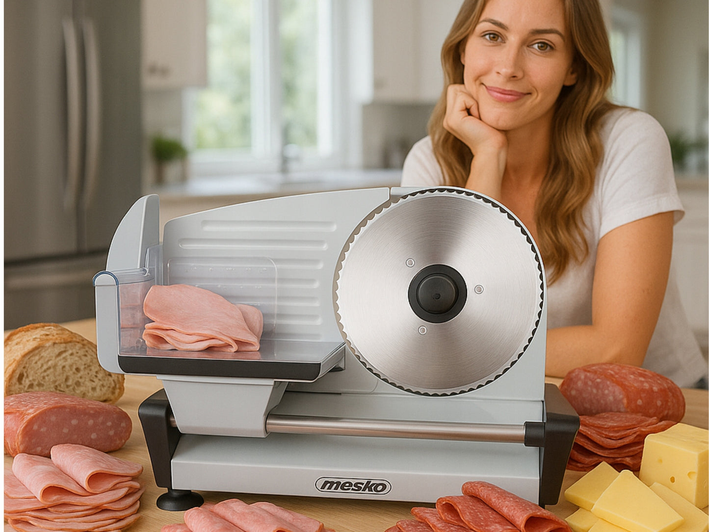 Elektrinė pjaustyklė duonai, dešroms, sūriui, daržovėms, 400W, metalinė, su reguliuojama ašmenų padėtimi