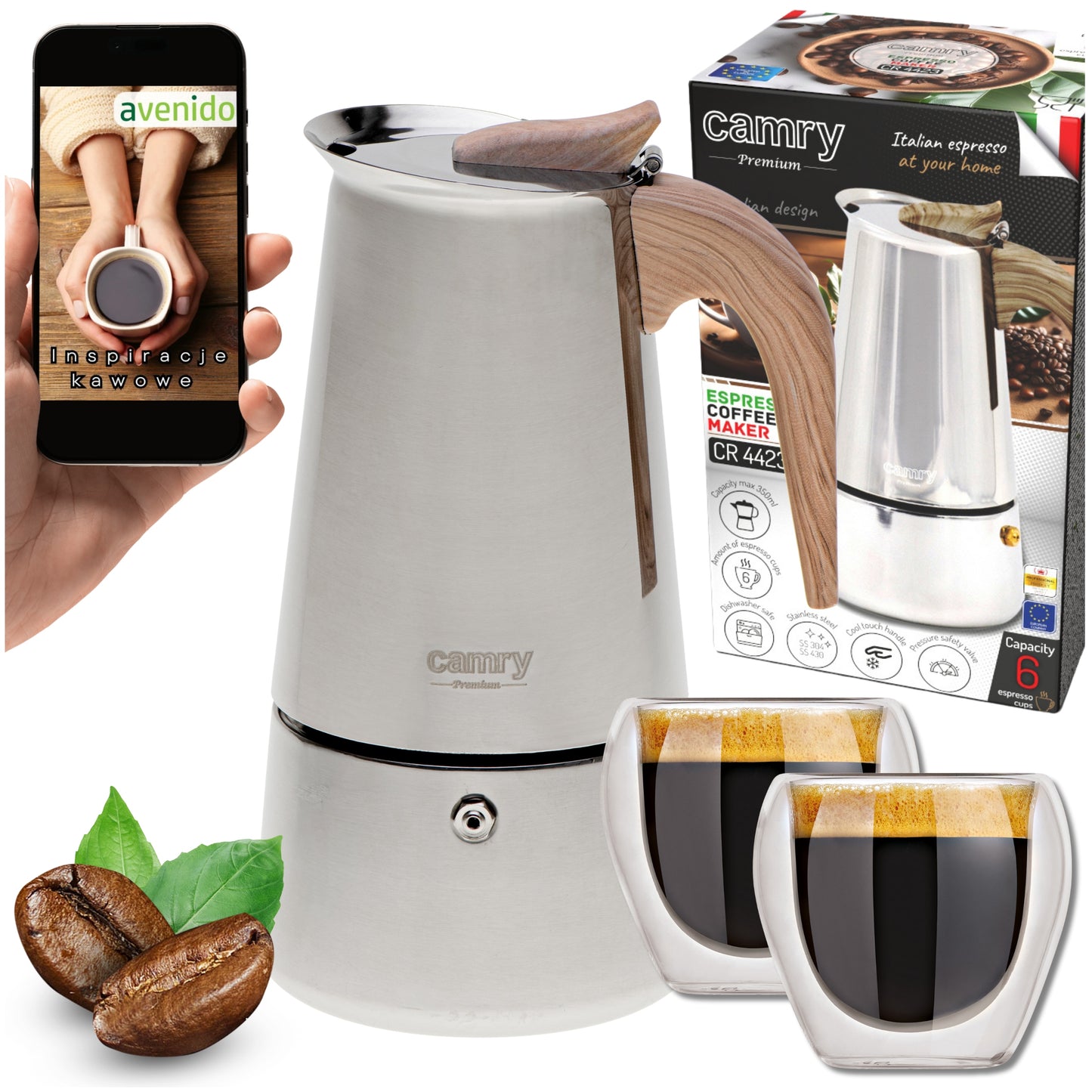 Kavinukas kavos virimo aparatas namams ir sodui 450ml Indukcija Dujos + 2 puodeliai