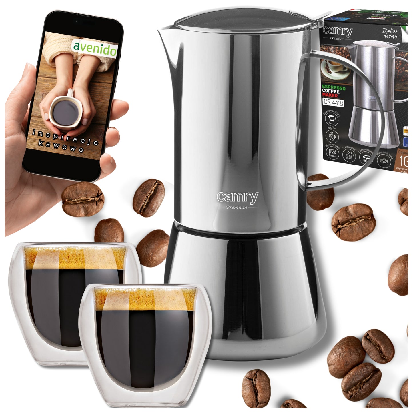 Kavos aparatas 500ml, skirtas viryklei, veikia ant indukcijos, dujinės, plieninis, 2 puodeliai