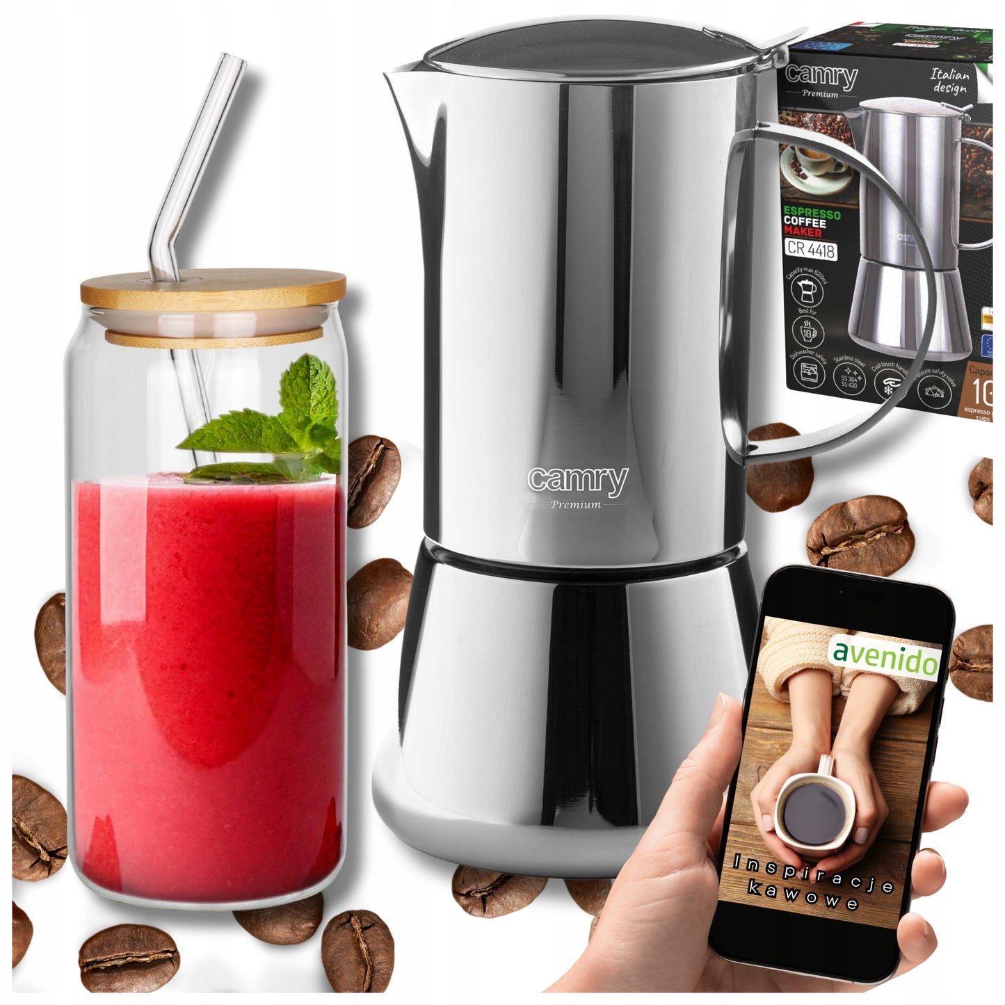 Kavos viryklė 500ml, veikia ant indukcijos ir dujų, plieninė + stiklinė.