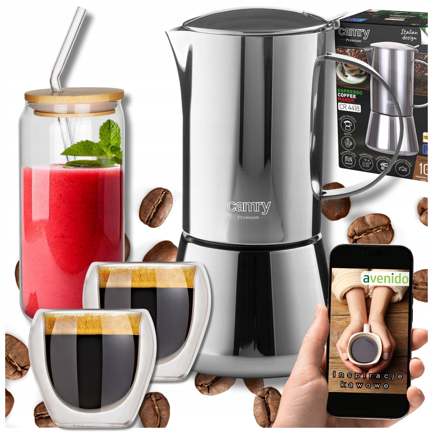 Kavinukas kavos užplikytuvė 500ml Veikia ant indukcijos Dujoms Plieninė + Stiklinės