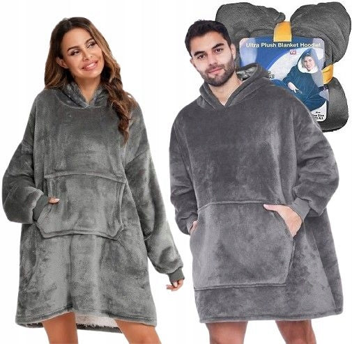 Pilkas spalvos fliso pledas su gobtuvu, universalus, minkštas, storas, didelis, oversize