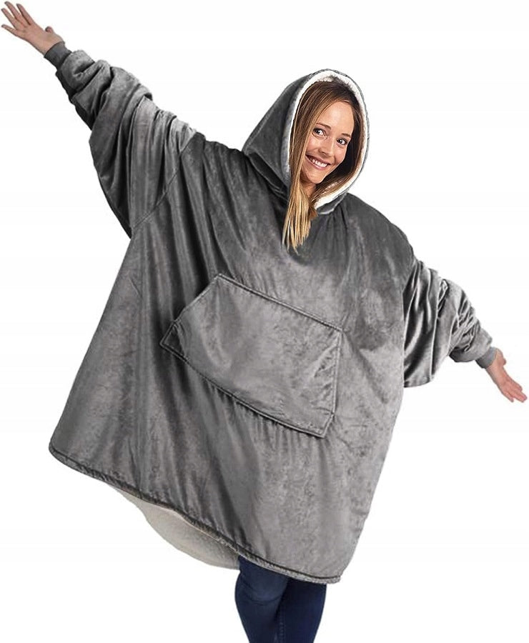 Pilkas spalvos fliso pledas su gobtuvu, universalus, minkštas, storas, didelis, oversize