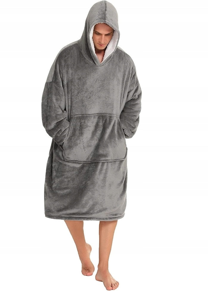 Pilkas spalvos fliso pledas su gobtuvu, universalus, minkštas, storas, didelis, oversize