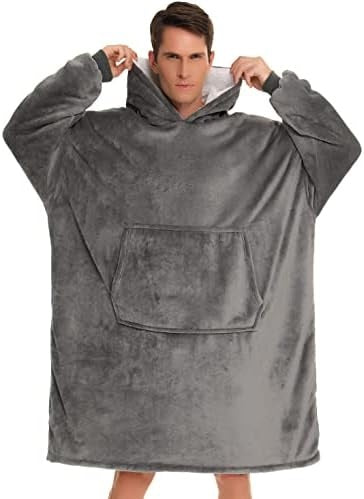 Pilkas spalvos fliso pledas su gobtuvu, universalus, minkštas, storas, didelis, oversize