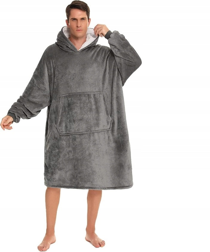 Pilkas spalvos fliso pledas su gobtuvu, universalus, minkštas, storas, didelis, oversize