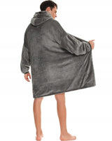 Pilkas spalvos fliso pledas su gobtuvu, universalus, minkštas, storas, didelis, oversize