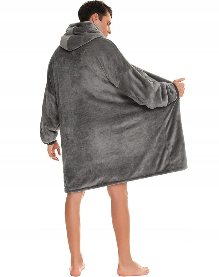 Pilkas spalvos fliso pledas su gobtuvu, universalus, minkštas, storas, didelis, oversize