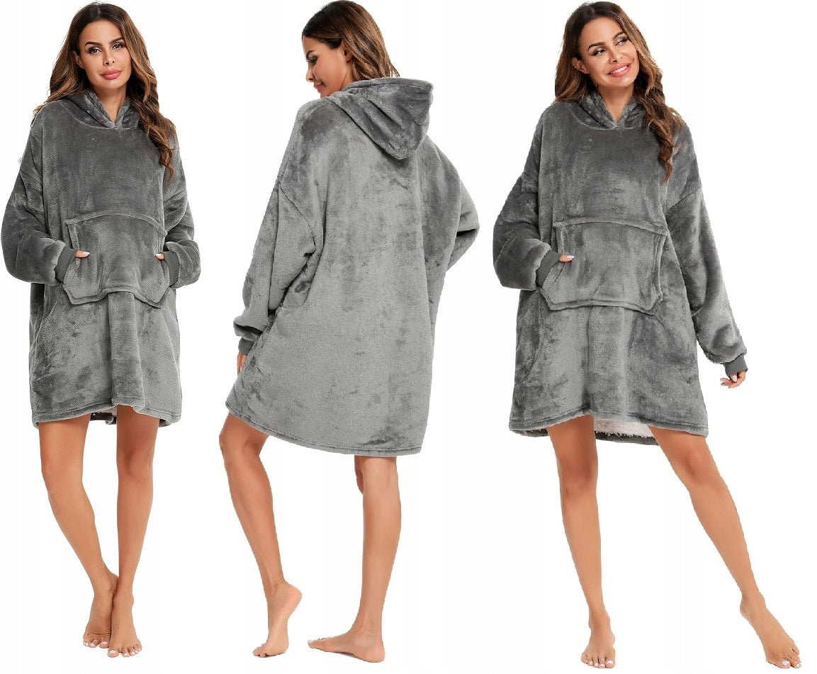 Pilkas spalvos fliso pledas su gobtuvu, universalus, minkštas, storas, didelis, oversize