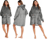 Pilkas spalvos fliso pledas su gobtuvu, universalus, minkštas, storas, didelis, oversize