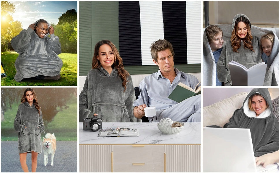 Pilkas spalvos fliso pledas su gobtuvu, universalus, minkštas, storas, didelis, oversize