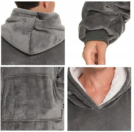 Pilkas spalvos fliso pledas su gobtuvu, universalus, minkštas, storas, didelis, oversize