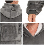 Pilkas spalvos fliso pledas su gobtuvu, universalus, minkštas, storas, didelis, oversize