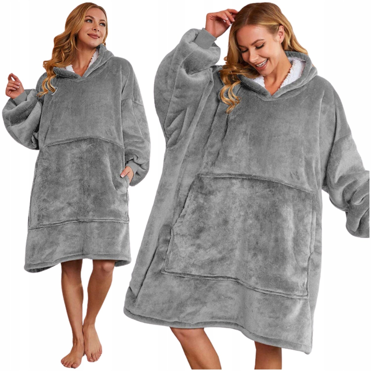 Pilkas spalvos fliso pledas su gobtuvu, universalus, minkštas, storas, didelis, oversize