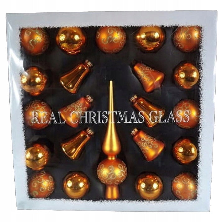 21 oranžinių stiklo burbulų rinkinys su puošmena ir eglutės viršūnėle