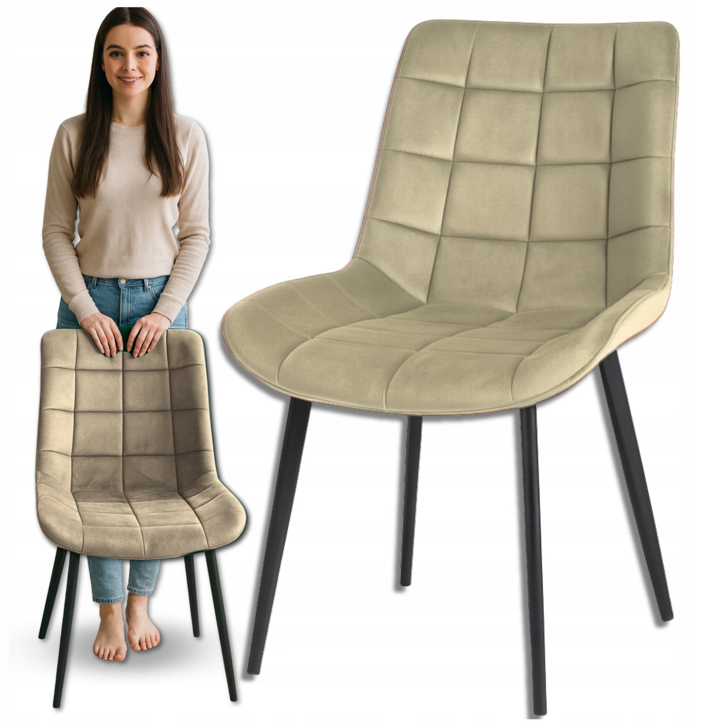 Aksominė dygsniuota paminkštinta kėdė su metalinėmis kojomis valgomajam, svetainei, Loft stiliaus