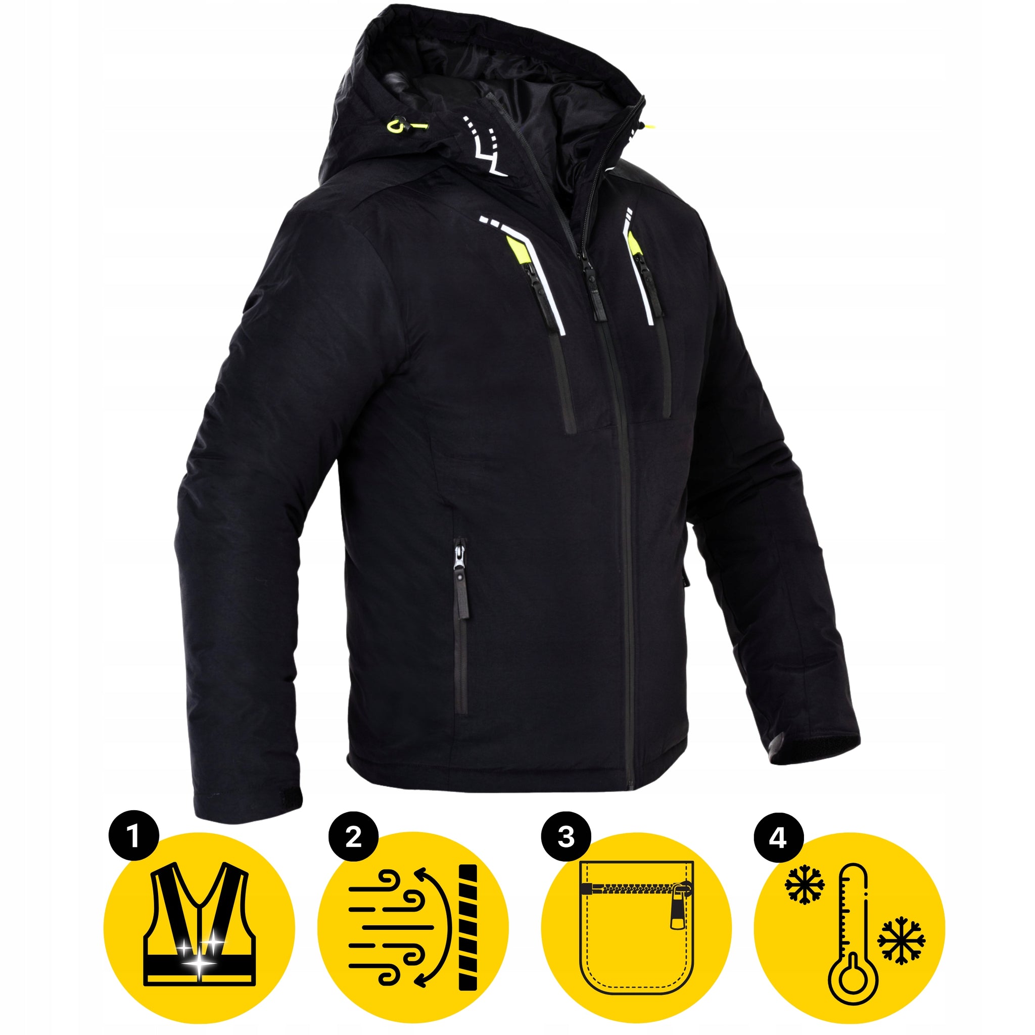 Zieminė vyriška striukė, darbo striukė, pašildyta, juoda su gobtuvu, šilta